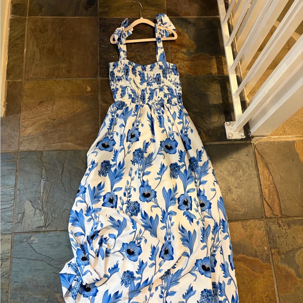 Blue Floral Maxi Dress - White & Blue Smocked Sundress